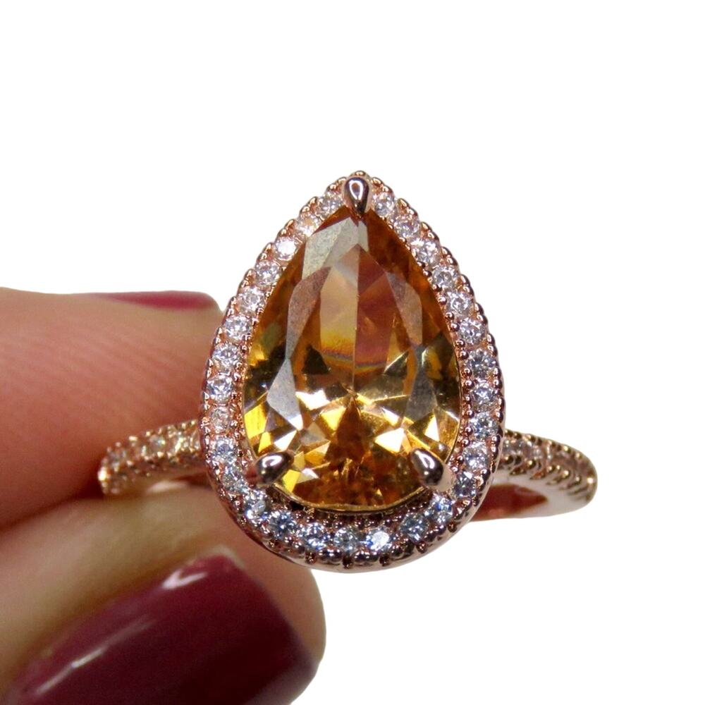 Macy's Rose Gold Pear Teardrop Halo Morganite Diamond Ring S 925 Size 7